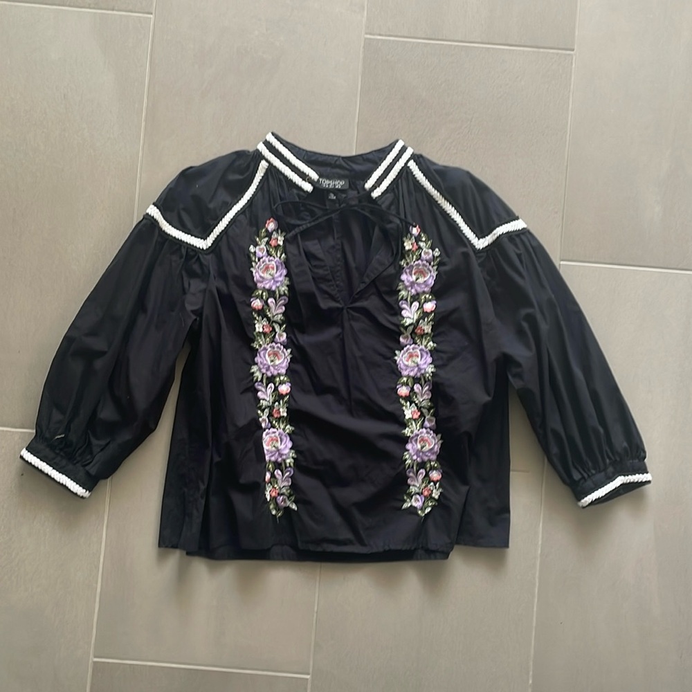 Topshop 💯 cotton black embroidered top blouse with neck tie